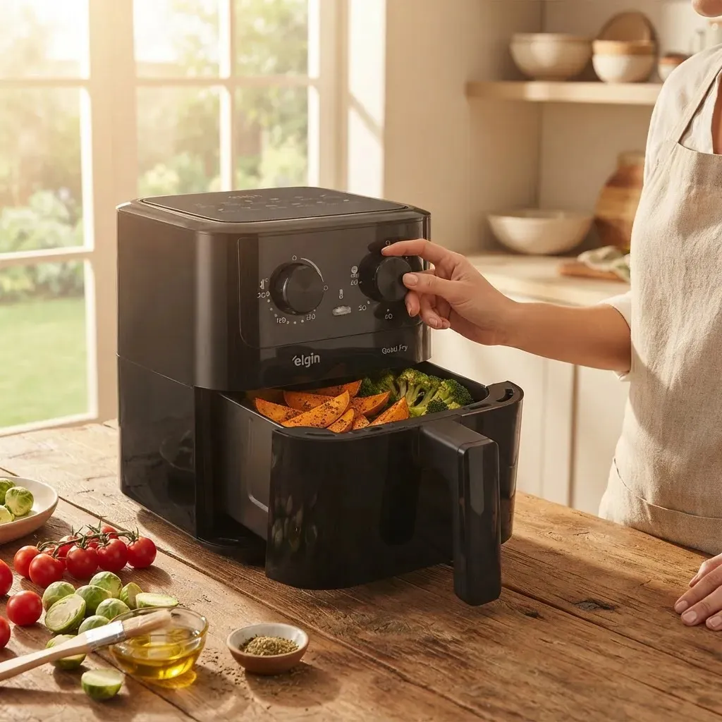 Air Fryer Elgin Quad Fry preparando legumes em uma cozinha